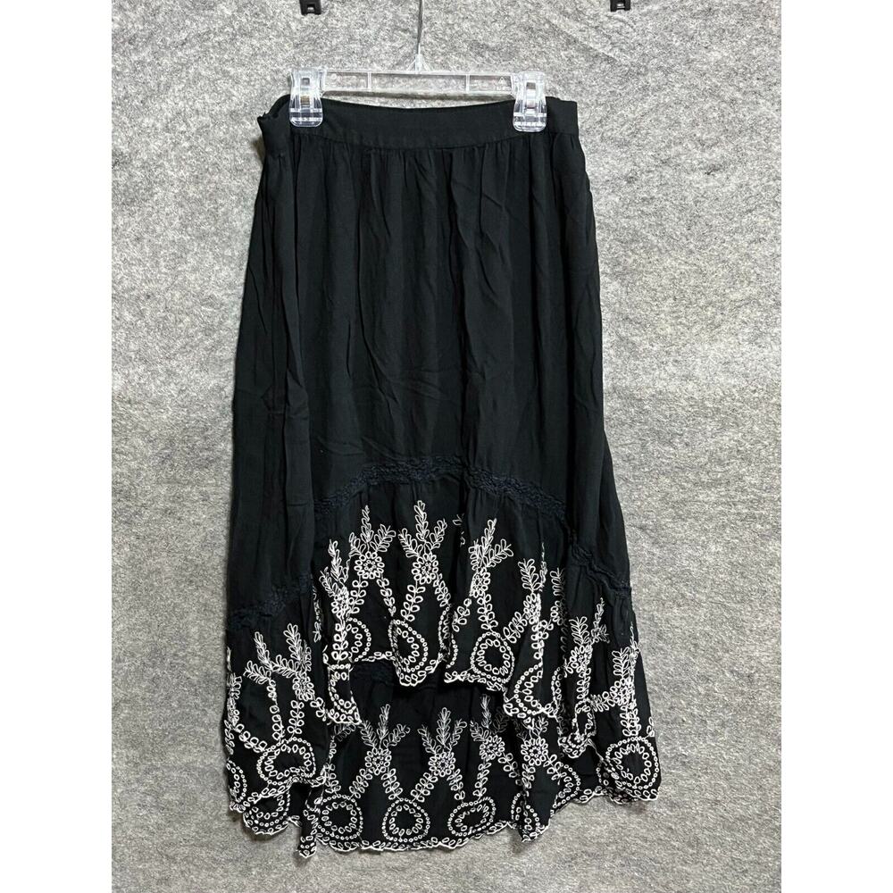 90s Style Boho Skirt Womens M Embroidered Black Whimsigoth Hi-Lo Festival Hippie